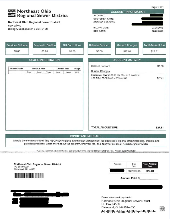 USA NRTHEAST OHIO REGIONAL SEWER DISTRICT utility bill Word and PDF template